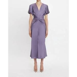 NEW VICTORIA BECKHAM gathered v-neck midi dress in iris